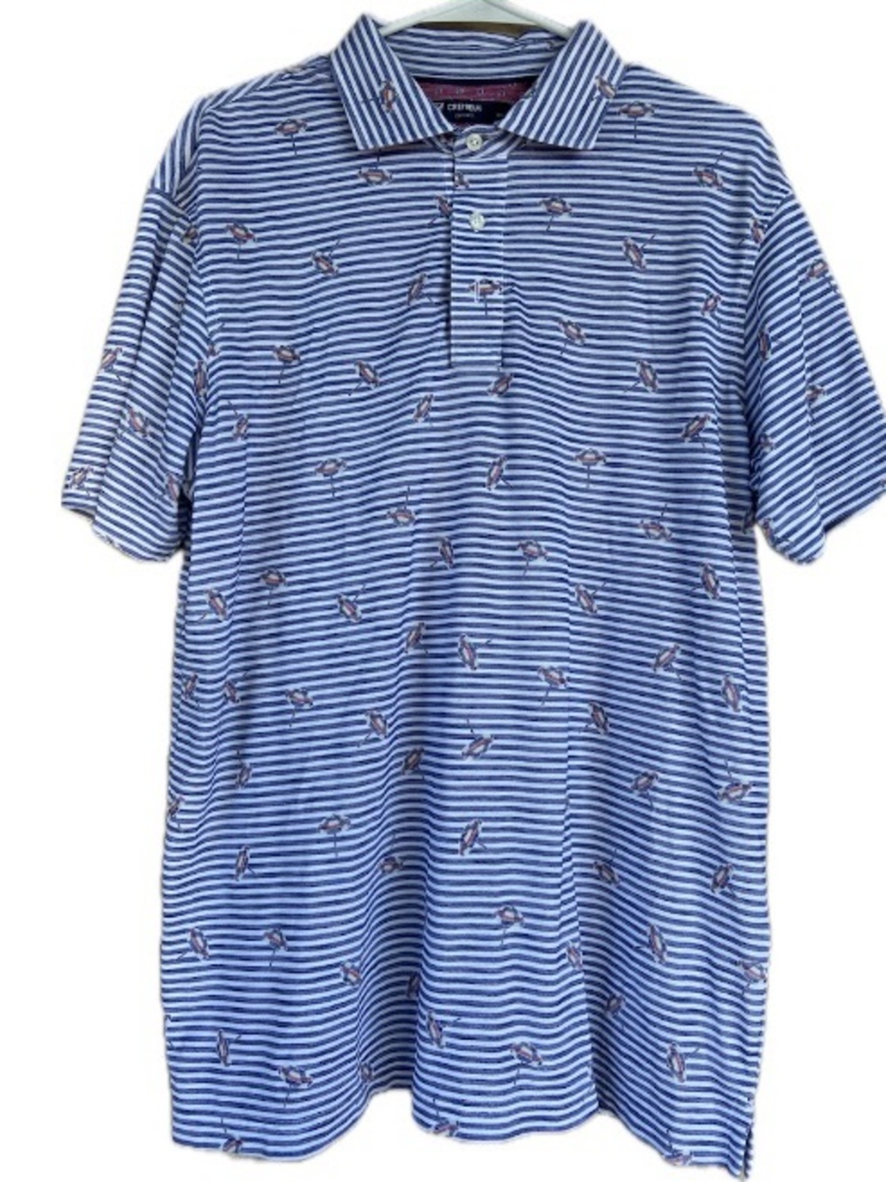Cremieux Blue Striped Novelty Polo Golf Resort Nautical Sportswear Pima Cotton L
